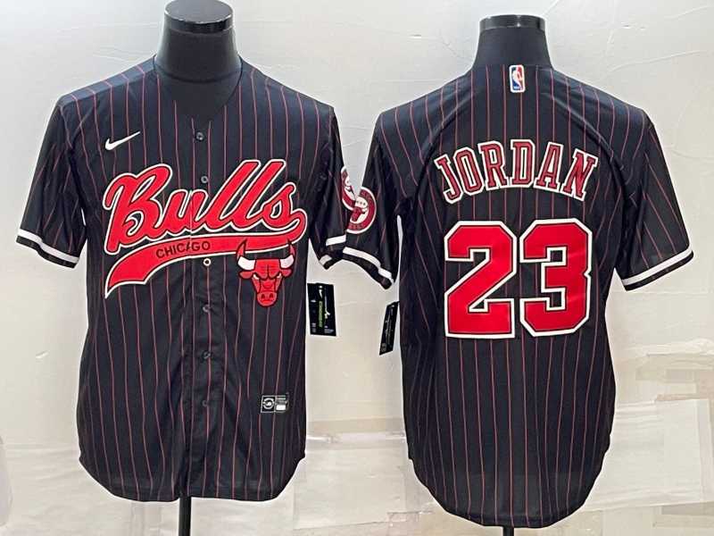 Men%27s Chicago Bulls #23 Michael Jordan Black Pinstripe With Patch Cool Base Stitched Baseball Jersey